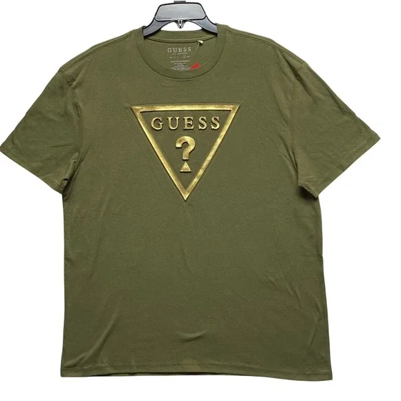 Guess Mens Olive Green Gold 3D Triangle Logo T-Shirt XL NWT - Picture 3 of 6